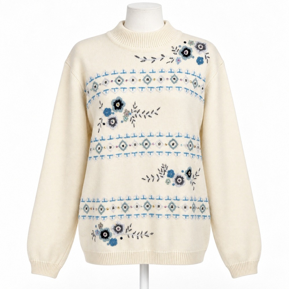 Vintage 90s Floral 3D Embroidered Sweater Size L Cream Cottagecore Granny Retro